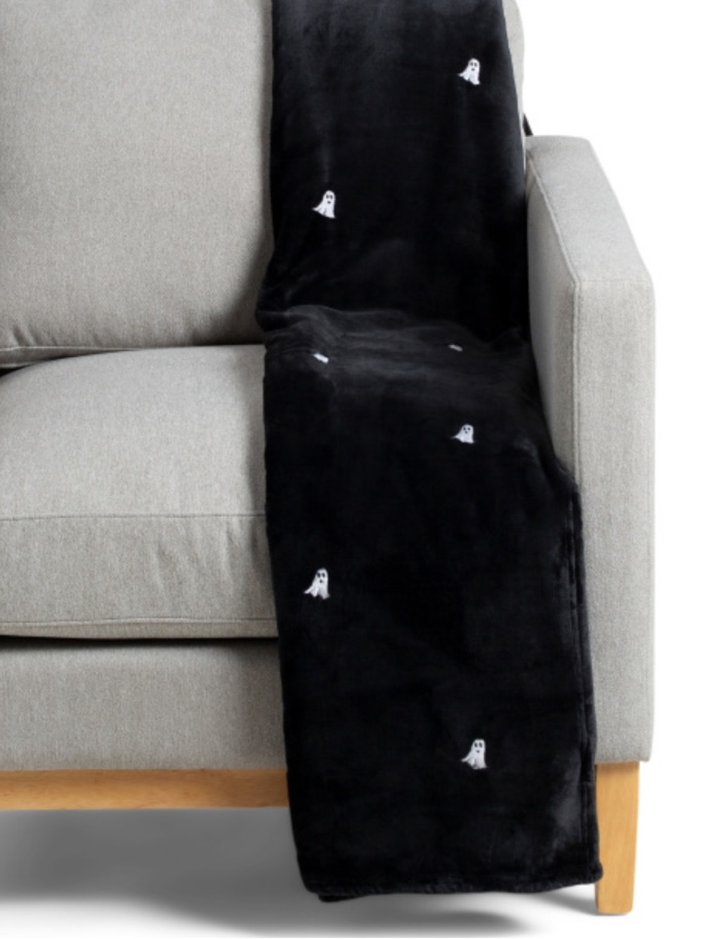 Nicole Miller Black Plush Throw Blanket with Small Ghost Embroidery